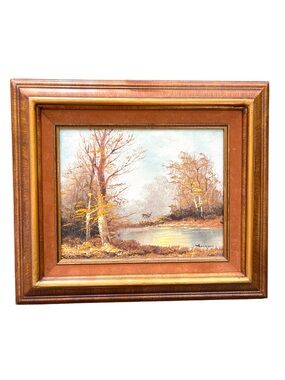 Vintage Autumn Woodland Deer Landscape Oil Painting Signed Thompson